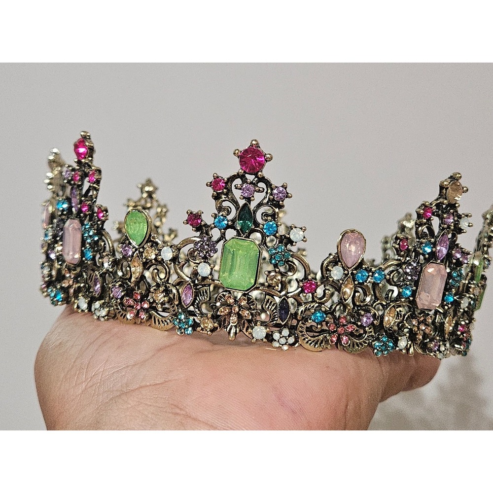 Multi Color Rhinestone Full Round Crown Tiara Pageant - Picture 8 of 11